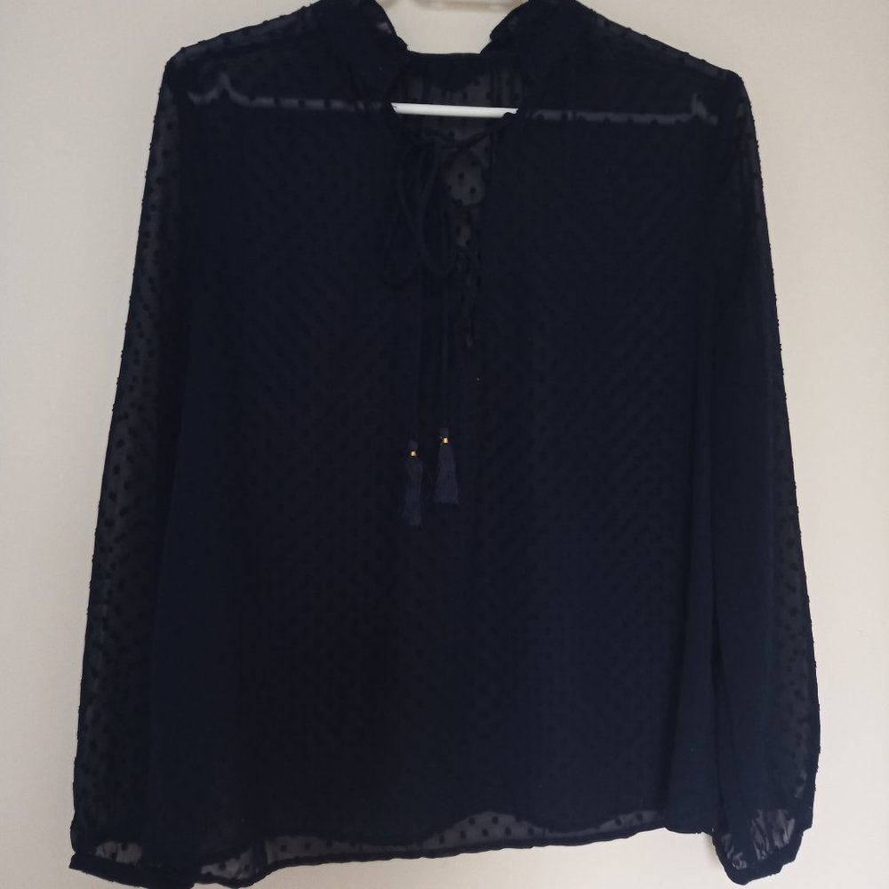 Mango Sheer Swiss Dot Ruffle Tie Blouse, Navy Blue , Size US6